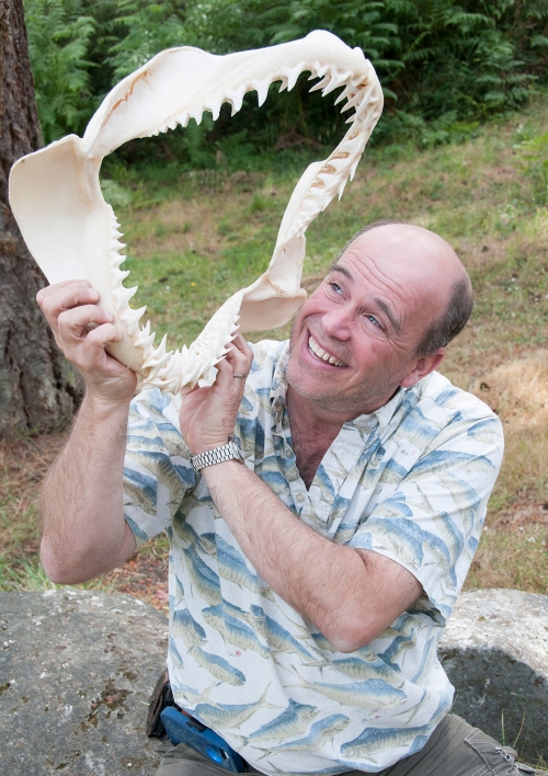 man holding shark jaw bone sample